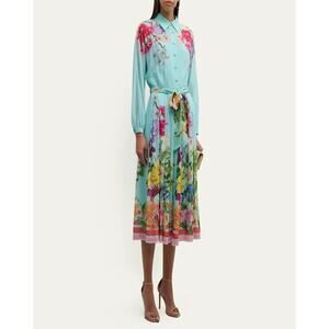 Rickie Freeman Teri Jon Pleated Floral Print Midi Shirt Dress, Sz10, Aqua Multi